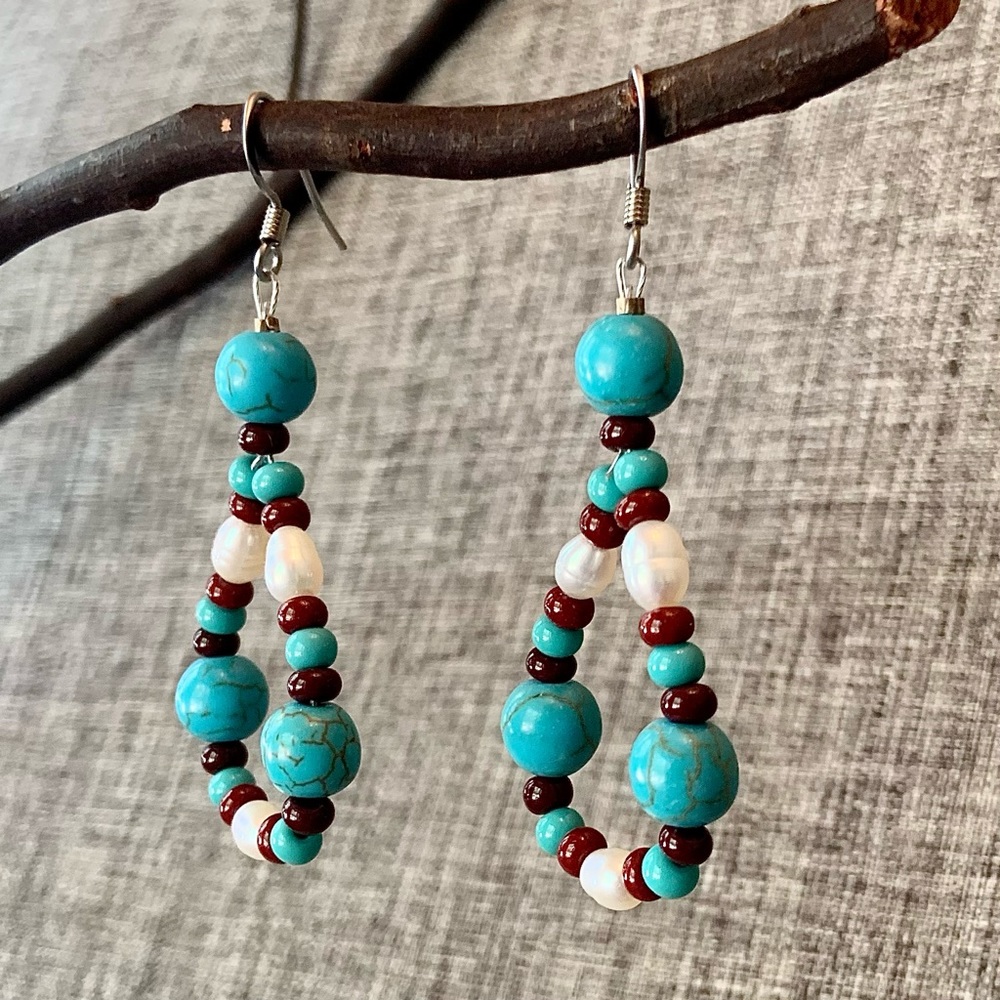 Earrings - Turquoise, Fresh Water Pearl & Red Bead